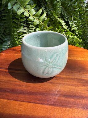 Haan Celadon Thai Tea Cup - Dragonfly Relief - Green Crackle Glaze Pottery